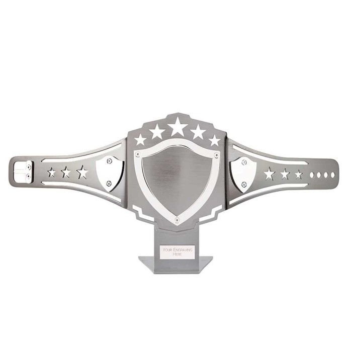 NICKEL PLATED BOXING BELT PRESENTATION SHIELD (CUSTOM CENTRE OPTIONAL) - 52CM X 22CM
